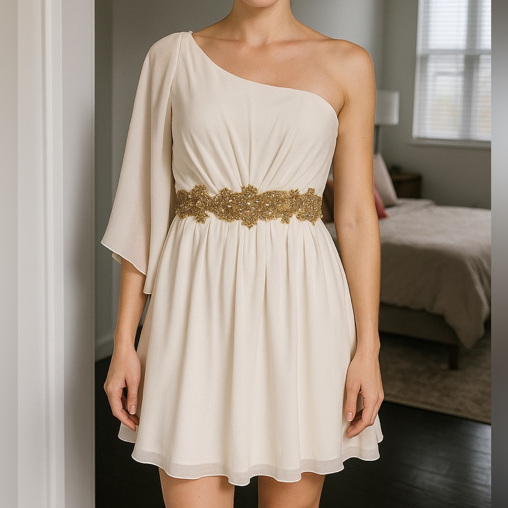 Elegant White Dress with Gold Embellishment